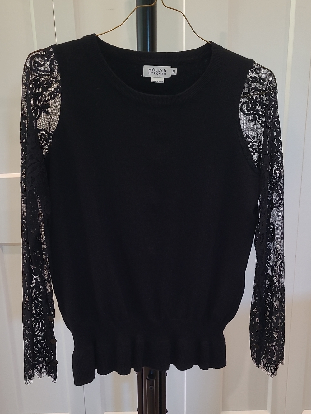 Molly Bracken Black Knit Top with Sheer Lace Sleeves